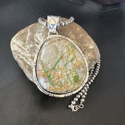 Navajo Sterling Silver Green Boulder Turquoise Necklace Pendant for Men | XL | Authentic Native American | 16365