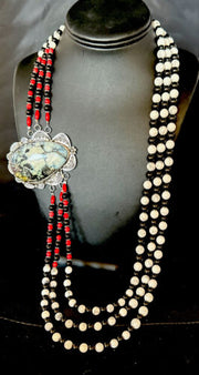 Navajo White Buffalo Turquoise and Coral Pendant Necklace | Sterling Silver | Authentic Native American Handmade | 15495