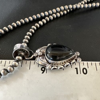 Navajo Pearls Black Onyx Necklace Pendant | Sterling Silver | Authentic Native American Handmade | 16528