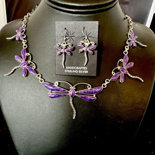 Navajo Dragonfly Purple Sugilite Necklace and Earrings Set | Sterling Silver | Native American Handmade | 16257