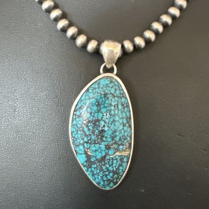 Men's Navajo Blue Spiderweb Turquoise Pendant Necklace | Sterling Silver | Authentic Native American Handmade | 16217
