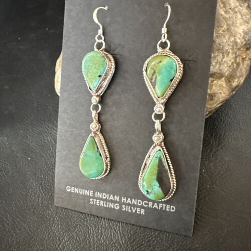 Navajo Green Royston Turquoise Dangle Earrings | Sterling Silver | Authentic Native American Handmade | 17140