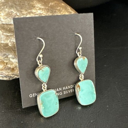 Navajo Blue Kingman Turquoise Dangle Earrings | Sterling Silver | Authentic Native American Handmade | 15116