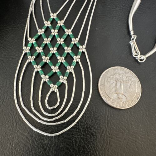 Crisscross Green Malachite Heishi Necklace | 5 Strand Liquid Sterling Silver | 22" | 15884