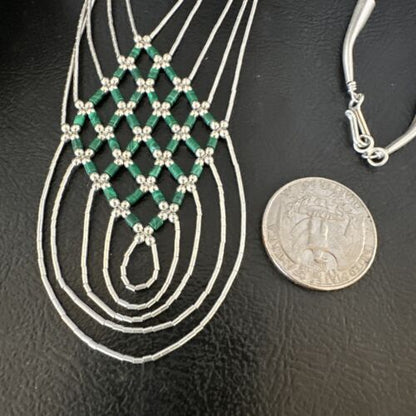 Crisscross Green Malachite Heishi Necklace | 5 Strand Liquid Sterling Silver | 22" | 15884