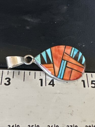 Women's Blue Turquoise & Spiny Oyster Inlay Pendant | Navajo Sterling Silver | Authentic Native American Jewelry | 15196