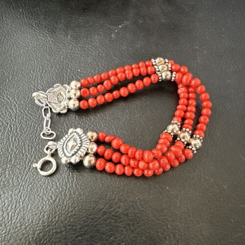 Women's Red Coral 3-Strand Bead Sterling Silver Bracelet 7.5" | Navajo Jewelry | 16468