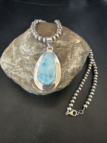 Navajo Blue Larimar Pendant Necklace | Sterling Silver Beads | Authentic Native American Handmade | 17567