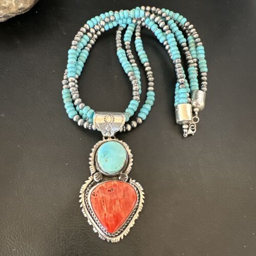 Navajo Pearls Blue Turquoise Spiny Pendant Necklace | Sterling Silver | 3-Strand | 16827