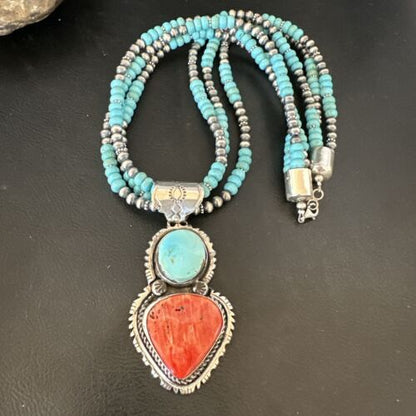 Navajo Pearls Blue Turquoise Spiny Pendant Necklace | Sterling Silver | 3-Strand | 16827