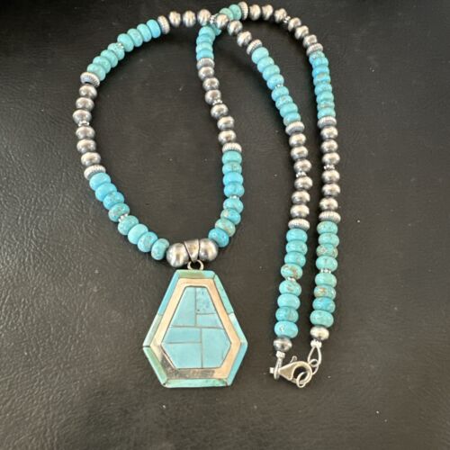 Navajo Turquoise Inlay Pendant Necklace | Sterling Silver | Authentic Native American Handmade | 17077