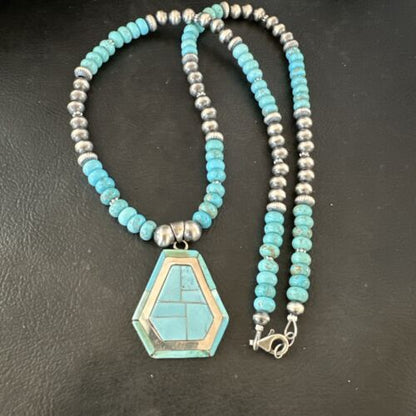 Navajo Turquoise Inlay Pendant Necklace | Sterling Silver | Authentic Native American Handmade | 17077