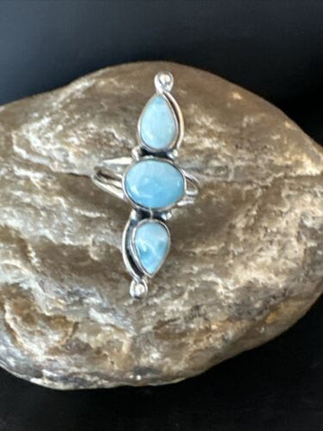WoMens Cluster Blue Larimar 3 stone Navajo Sterling Silver Ring Size 7 16162