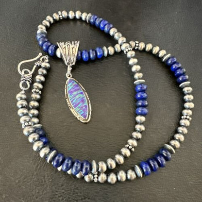 Navajo Lapis Purple Opal Pendant Necklace | Sterling Silver | 20" | Authentic Native American Handmade | 17551