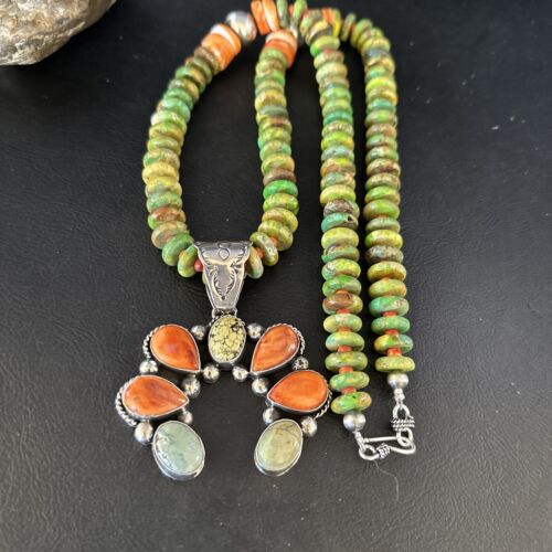 Navajo Turquoise & Spiny Naja Pendant Necklace | Sterling Silver | Native American Handmade | 14234