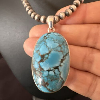Navajo Blue Spiderweb Turquoise Pendant Necklace | Sterling Silver | Authentic Native American Handmade | 17014