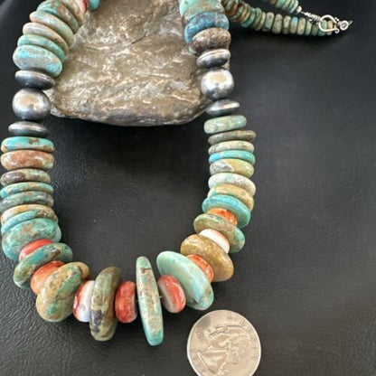 Royston Turquoise Spiny Graduated Navajo Pearls Necklace | Sterling Silver | Authentic Native American | 25" | 17003