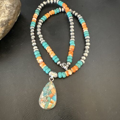 Navajo Spiny Turquoise Pendant Necklace | Sterling Silver | 22" | Authentic Native American Handmade | 17413