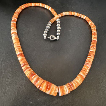 Navajo Graduated Orange Spiny Oyster Necklace | Sterling Silver | Authentic Native American | 18" | 16264