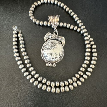 Navajo White Buffalo Turquoise Pendant Necklace | Sterling Silver | Authentic Native American Handmade | 17524