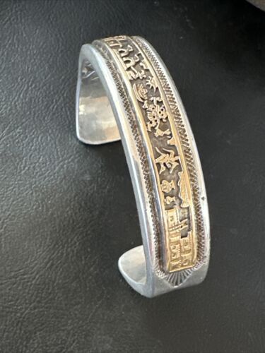 Navajo Sterling Silver Cuff Bracelet | 12K Gold Pueblo Stamped by V Hicks | Authentic Native American Handmade | 15989