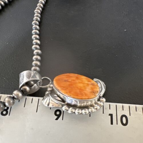 Navajo Orange Spiny Oyster Pendant Necklace | Sterling Silver Pearls | Authentic Native American Handmade | 16553