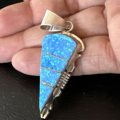 Navajo Arrowhead Blue Opal Inlay Pendant Necklace | Sterling Silver | Authentic Native American Handmade | 15677