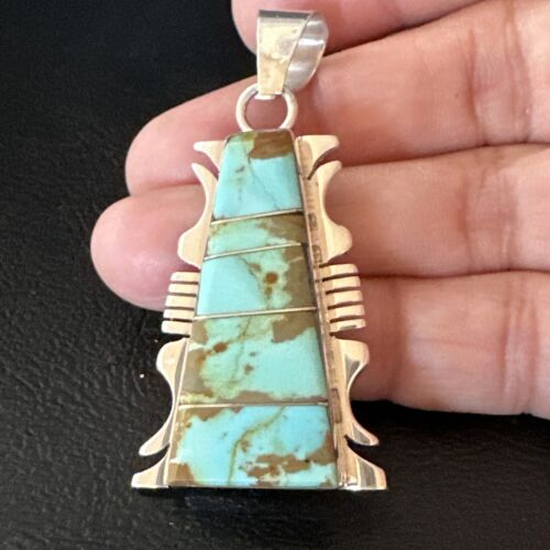 Navajo Blue #8 Turquoise Inlay Pendant | Sterling Silver | 2" | Authentic Native American Handmade | 15682
