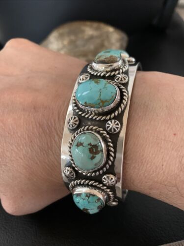 Navajo Blue Royston Turquoise 5 Stone Cuff Bracelet | Sterling Silver | Authentic Native American Handmade | 01383