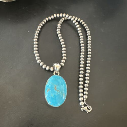 Navajo Blue Kingman Turquoise Pendant Necklace | Sterling Silver | 20" | Authentic Native American Handmade | 16687
