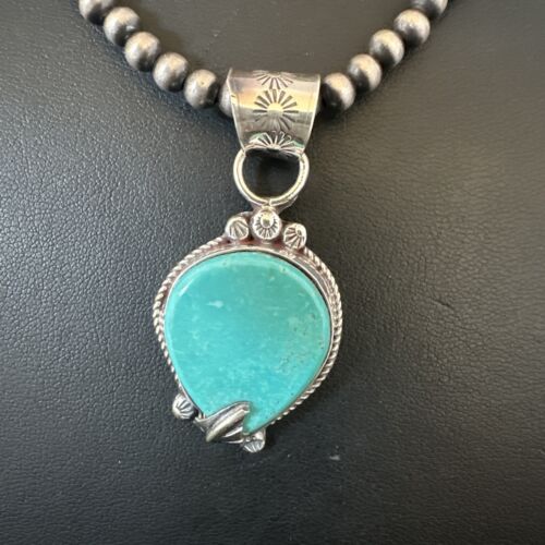 Women's Blue Turquoise Pendant Necklace | Navajo Pearls | Sterling Silver | Authentic Native American Handmade | 15658