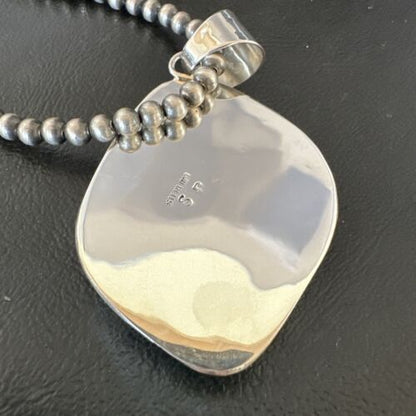 Navajo Blue Turquoise #8 Pendant | Sterling Silver Necklace with Pearls | Authentic Native American Handmade | 16349