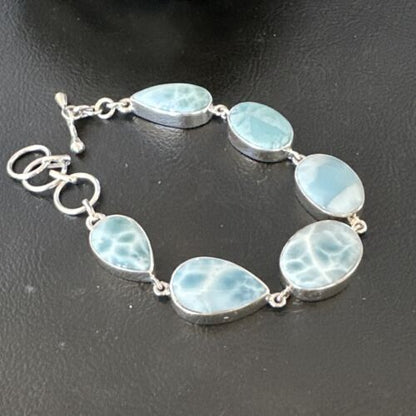 Navajo Blue Larimar Link Bracelet | Sterling Silver | 8" | Authentic Native American Handmade | 16074