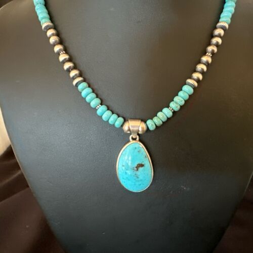 Navajo Blue Kingman Turquoise Pendant Necklace | Sterling Silver | 21" | Authentic Native American Handmade | 16932