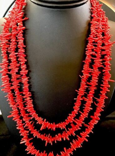 Navajo Deep Sea Branch Coral Necklace | 3 Strands | Sterling Silver | Authentic Native American Handmade | 05000