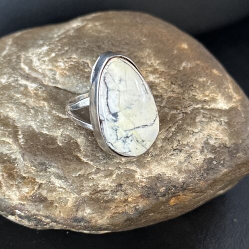 Men's Navajo White Buffalo Turquoise Ring | Sterling Silver | Sz 8.5 | Authentic Native American Handmade | 14744 - Masha USA