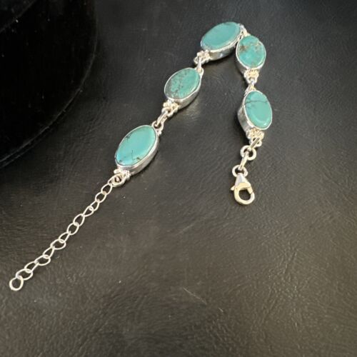 Navajo Blue Turquoise Link Bracelet | Sterling Silver | 8" | Authentic Native American Handmade | 15468