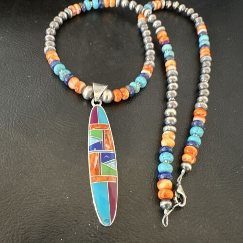 Navajo Spiny Oyster Turquoise Inlay Pendant Necklace | Sterling Silver | 21" | Authentic Native American Handmade | 16925