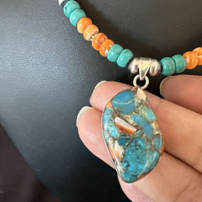 Navajo Spiny Turquoise Pendant Necklace | Sterling Silver | 22" | Authentic Native American Handmade | 17415