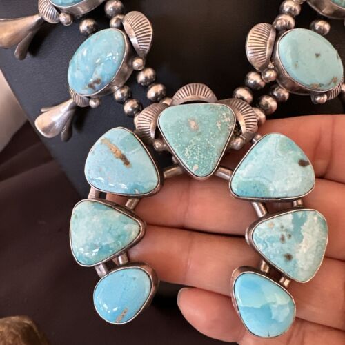 Kingman Turquoise Navajo Squash Blossom Necklace & Earrings | Sterling Silver | Native American Handmade | 16537