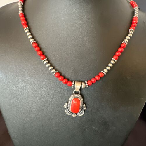 Southwestern Navajo Red Coral Pendant Necklace | Sterling Silver Pearls | 21" | 17538