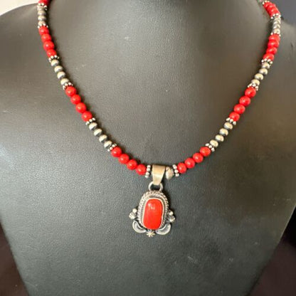Southwestern Navajo Red Coral Pendant Necklace | Sterling Silver Pearls | 21" | 17538