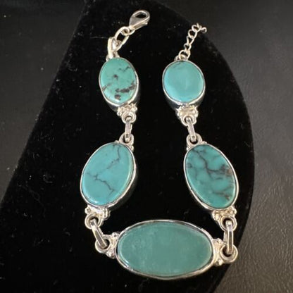 Navajo Blue Turquoise Link Bracelet | Sterling Silver | 8" | Authentic Native American Handmade | 15471