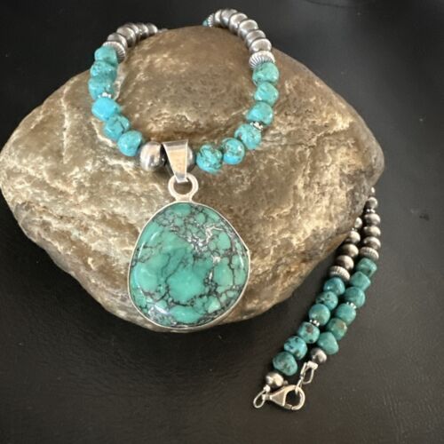 Men's Blue Spiderweb Turquoise Pendant Necklace | Navajo Sterling Silver | Authentic Native American Handmade | 17086