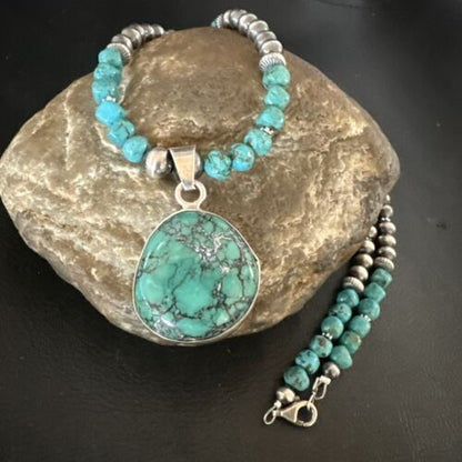 Men's Blue Spiderweb Turquoise Pendant Necklace | Navajo Sterling Silver | Authentic Native American Handmade | 17086