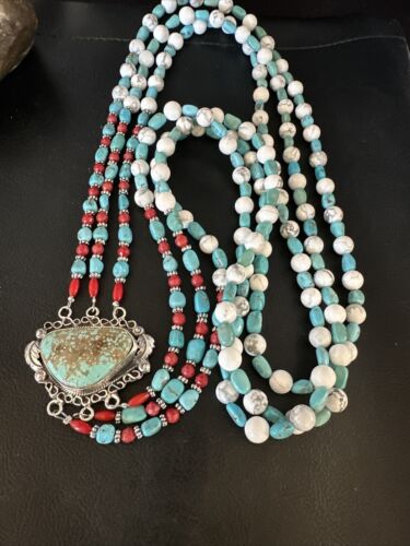 Navajo Blue Turquoise 3-Strand Coral Pendant Necklace | Sterling Silver | Authentic Native American Handmade | 15516