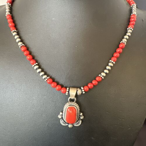 Southwestern Navajo Red Coral Pendant Necklace | Sterling Silver Pearls | 21" | 17538