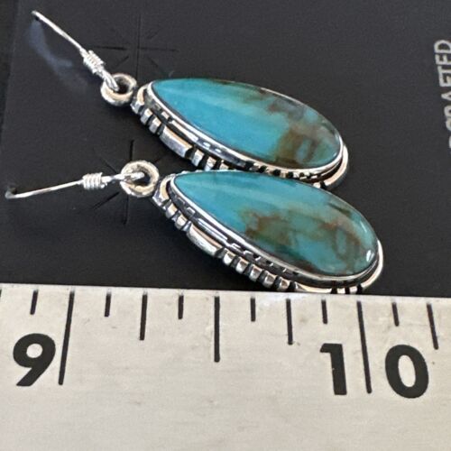 Navajo Blue Turquoise Dangle Earrings | Sterling Silver | Authentic Native American Handmade | 16505