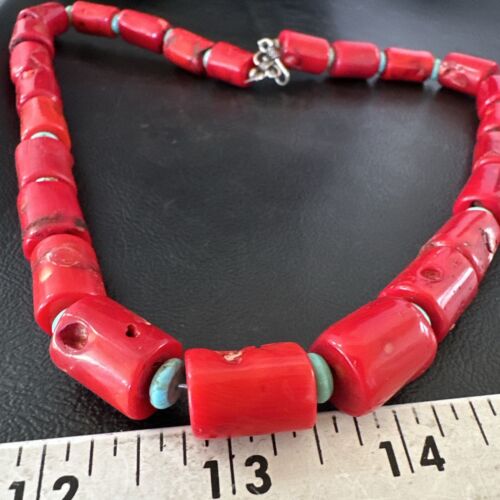 Navajo Red Coral Turquoise Bead Necklace | Sterling Silver | 20" | Authentic Native American Handmade | 16816