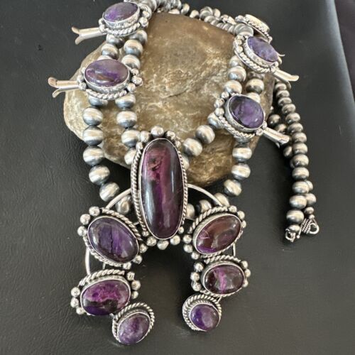 Navajo Purple Sugilite Squash Blossom Naja Pendant | Sterling Silver | Native American Handmade | 17206
